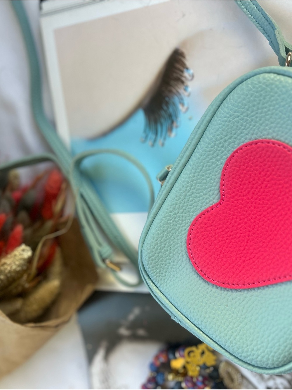 Women's Crossbody Bag with Pink Heart Accent - Light Blue new 
New - Picture 6 of 6